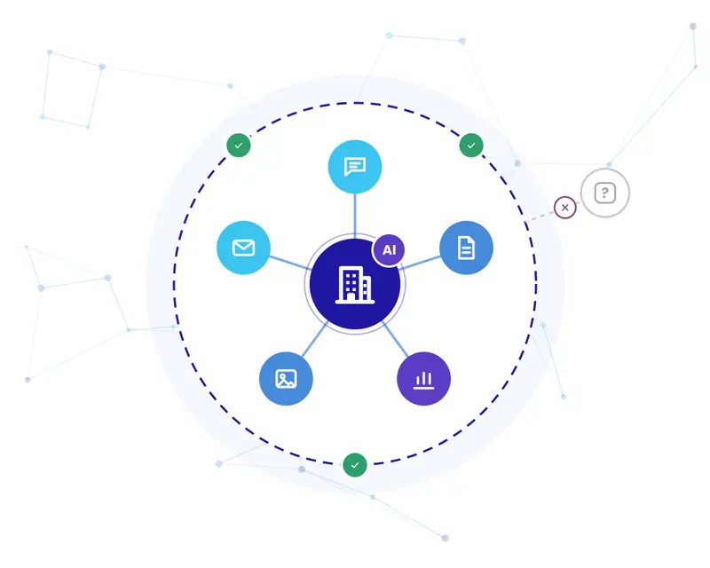 Illustration: a business at the center of a protective ring, connected to the AI tools its team uses, with an unapproved tool blocked outside the ring